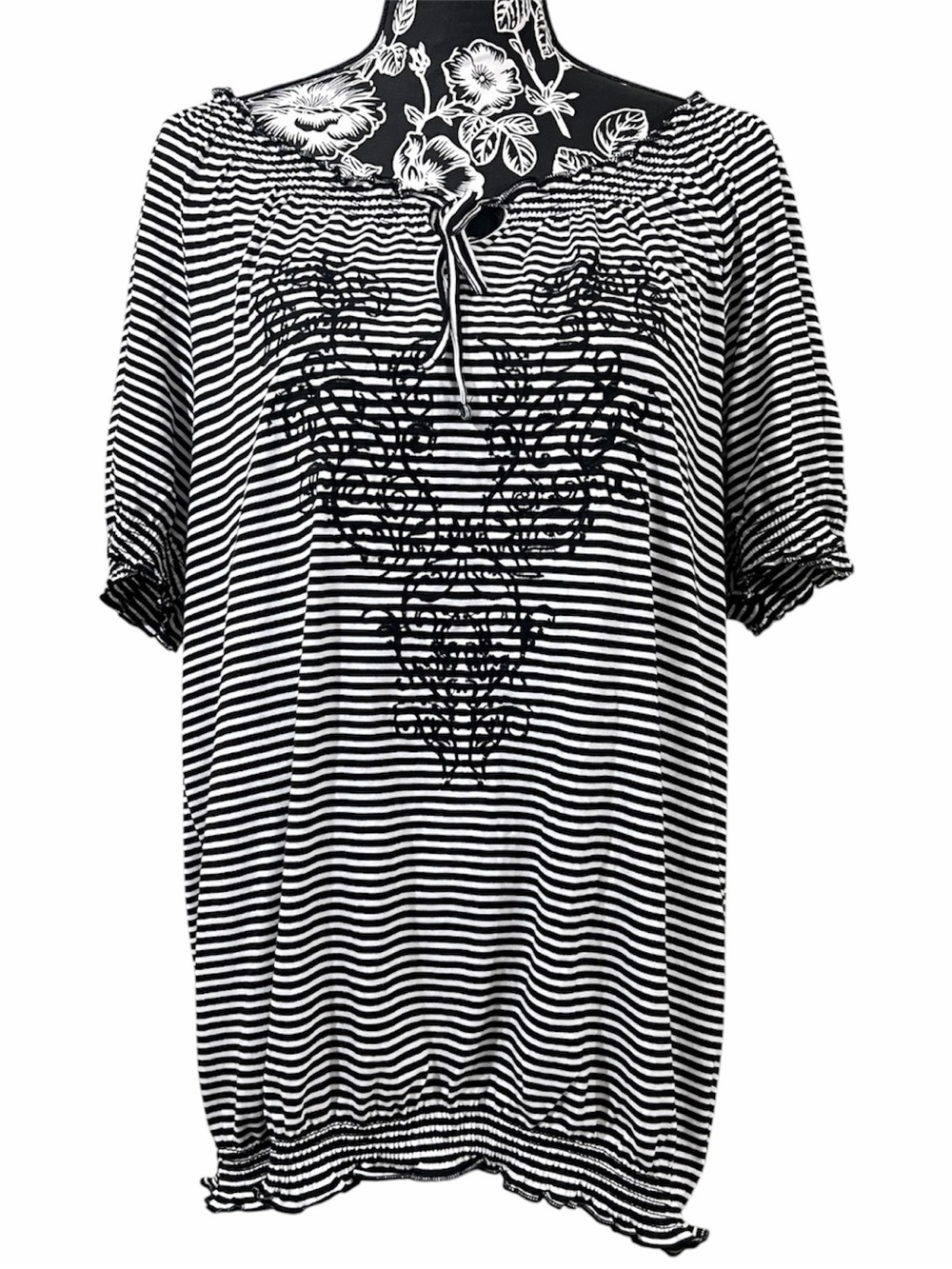 Faded Glory Black & White Striped Tie-Neck